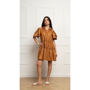Kasia Tiered Ruffle Frill Trim Cotton Poplin Expresso Mini Dress NWT$192